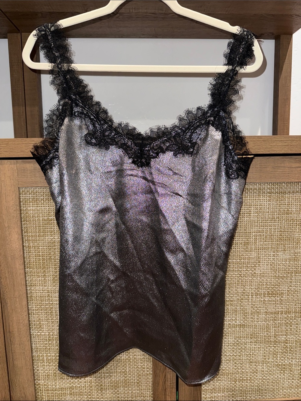 Silver Lace-Trim Satin Cami Tank Top - Black